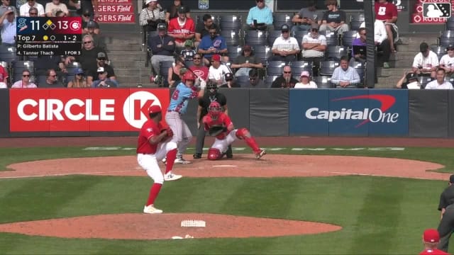 Tanner Thach singles on a sharp fly ball to right fielder David Calabrese. Ethan Hedges scores.