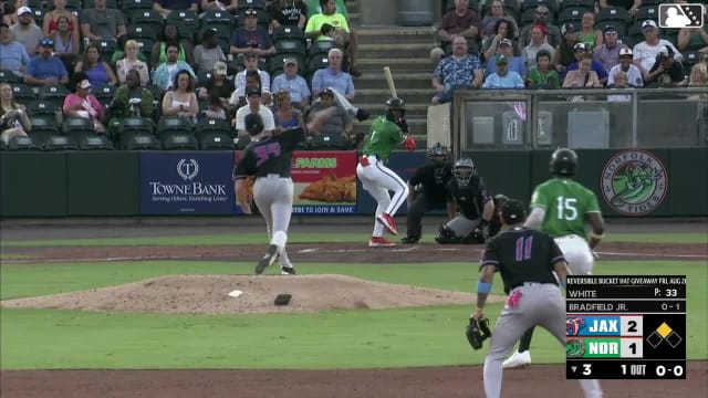 Enrique Bradfield Jr. doubles (9) on a ground ball to right fielder Kemp Alderman. Bryan Ramos scores.