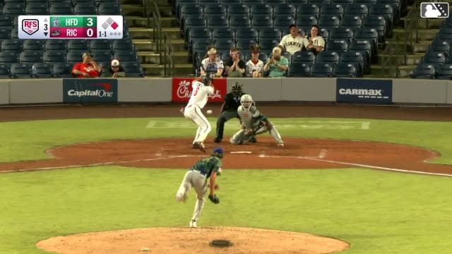 Trevor Cohen triples (1) on a fly ball to center fielder GJ Hill. Diego Velasquez scores.