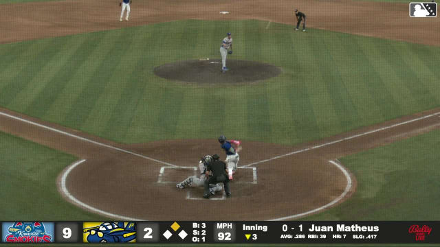 Juan Matheus doubles (14) on a line drive to right fielder Alex Ramírez. Aiva Arquette scores.