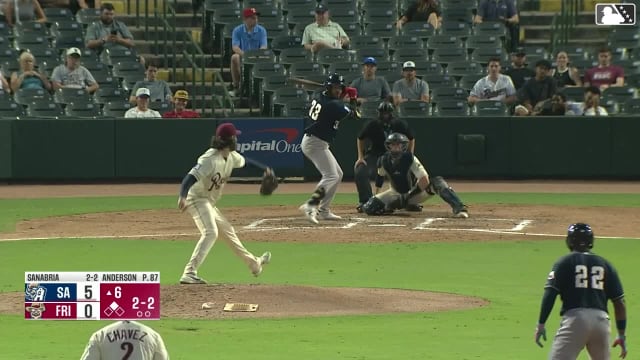 Romeo Sanabria doubles (15) on a soft ground ball to left fielder Keith Jones II. Albert Fabian scores.