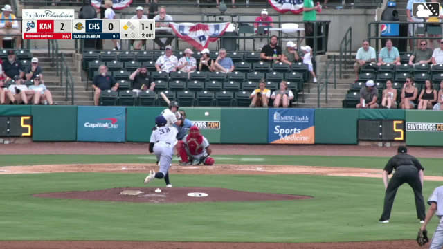 Slater de Brun hits a ground-rule double (1) on a line drive to left field. Angel Mateo scores.