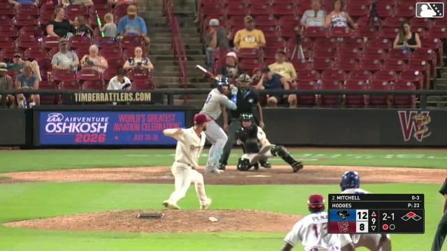 Blake Mitchell singles on a line drive to center fielder Braylon Payne, deflected by pitcher Garrett Hodges. Asbel Gonzalez scores.