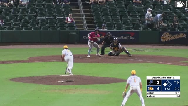 Juan Matheus singles on a soft bunt ground ball to pitcher Andrew Lindsey. Adrian Santana scores.