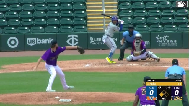 Elian Peña singles on a line drive to center fielder Byron Chourio. Jeremy Rodriguez scores.
