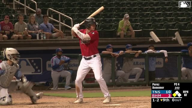 Caleb Bonemer singles on a line drive to center fielder Andy Garriola. Alec Briley scores.
