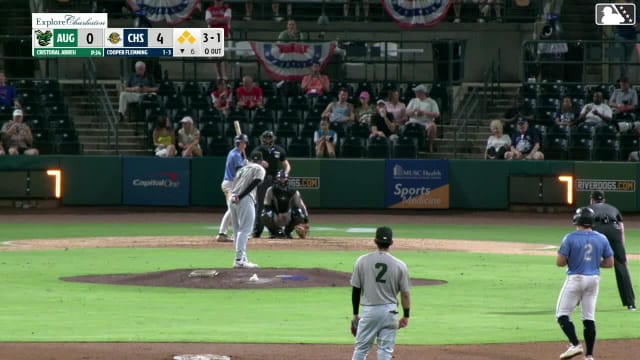 Cooper Flemming singles on a line drive to center fielder Caleb Klein. J.D. Gonzalez scores. Slater de Brun to 3rd. Grady Emerson to 2nd.
