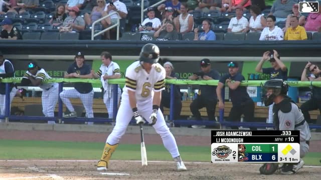 Josh Adamczewski singles on a sharp line drive to right fielder Kevin Kilpatrick Jr. Blake Burke scores. Andrew Fischer scores.