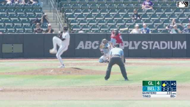 Eduardo Quintero singles on a ground ball to first baseman Cody Schrier, deflected by pitcher Dameivi Tineo. Mike Sirota scores.