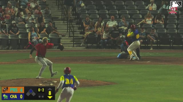 Leo Balcazar singles on a ground ball to center fielder Brendan Jones. Carlos Jorge scores.