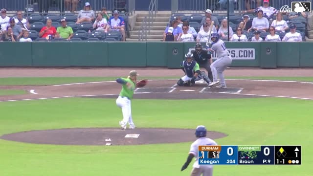 Dom Keegan singles on a sharp ground ball to center fielder DaShawn Keirsey Jr. Homer Bush Jr. scores.