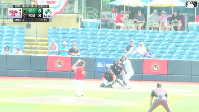 Easton Carmichael doubles (11) on a line drive to right fielder John Estevez. Yordany De Los Santos scores. Jhonny Severino scores.