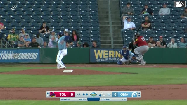 Eduardo Valencia doubles (4) on a sharp line drive to left fielder Drew Waters. Max Clark scores.