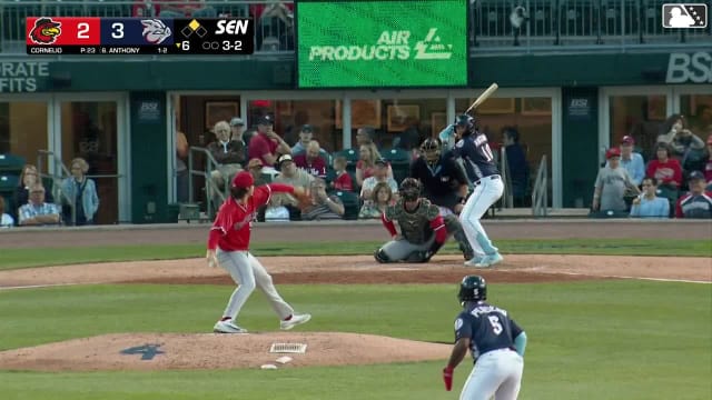 Keaton Anthony doubles (1) on a sharp fly ball to center fielder Robert Hassell III. Liover Peguero scores.