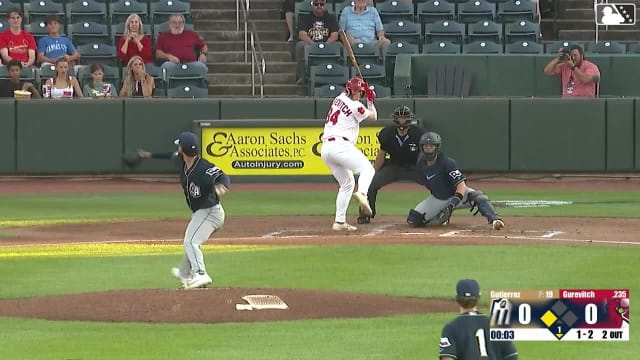 Jack Gurevitch doubles (4) on a sharp fly ball to center fielder Kai Roberts. Tai Peete scores.