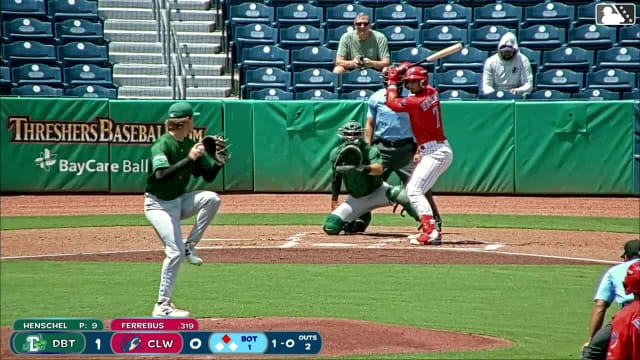 Alirio Ferrebus doubles (21) on a sharp line drive to right fielder Jalen Hairston. Robert Phelps scores.