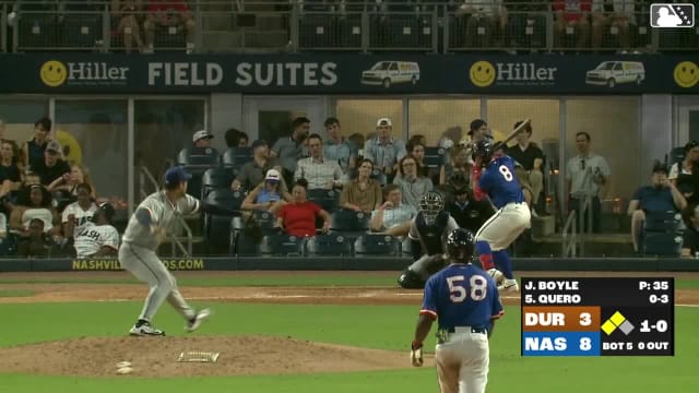 Jeferson Quero doubles (10) on a sharp line drive to center fielder Homer Bush Jr. Luis Lara scores. Akil Baddoo scores.
