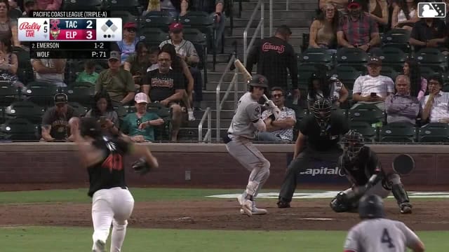 Colt Emerson singles on a fly ball to first baseman Jose Miranda. Victor Labrada scores.