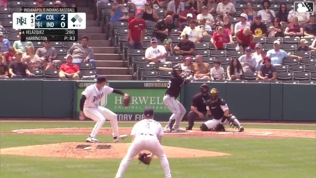 Ralphy Velazquez singles on a line drive to center fielder Mitch Jebb. Daniel Schneemann scores.