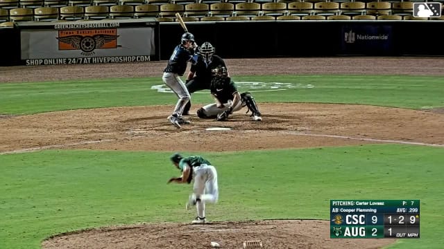 Cooper Flemming doubles (24) on a line drive to left fielder Parker Brosius. Andreimi Antunez scores.