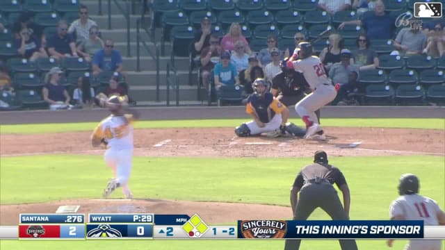 Paulino Santana doubles (8) on a sharp line drive to center fielder Sean Gamble. Wady Mendez scores. Luis Marquez scores. Cal Stark to 3rd.