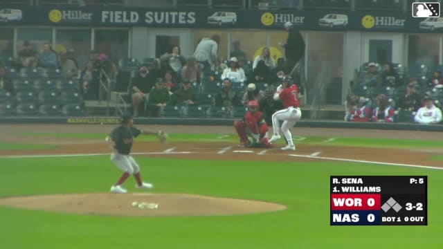 Jett Williams homers (1) on a fly ball to left center field.