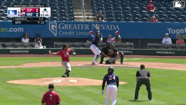 Gavin Conticello singles on a line drive to right fielder Dustin Harris. Manuel Pena scores.