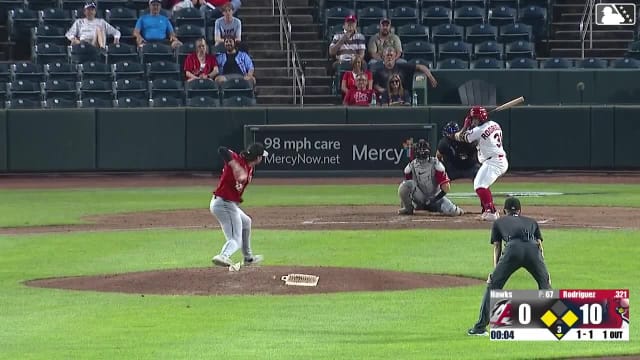 Rainiel Rodriguez doubles (22) on a sharp fly ball to center fielder Jonny Farmelo. Ian Petrutz scores. Tai Peete to 3rd.