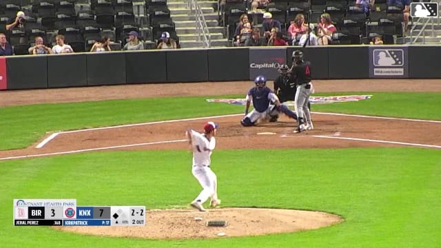 Jeral Perez singles on a line drive to center fielder Carter Trice. Wilfred Veras scores.