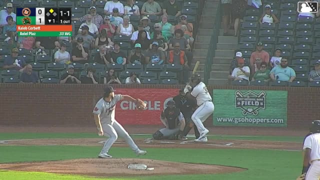 Axiel Plaz singles on a sharp line drive to center fielder Aidan Smith. Yordany De Los Santos scores.
