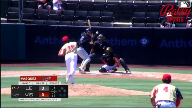 Jorge Quintana doubles (6) on a fly ball to center fielder Pedro Catuy. Bradley Frye scores.