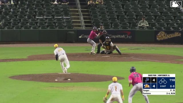 Adrian Santana doubles (5) on a line drive to right fielder Connor Hujsak. Jay Beshears scores.
