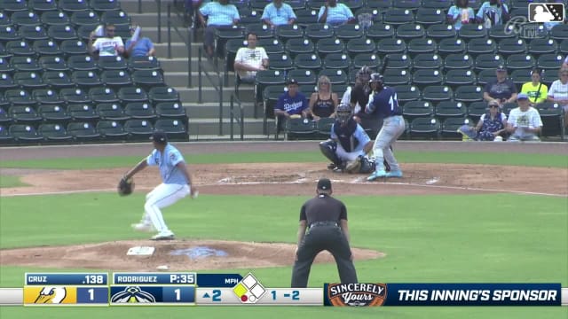 Fernando Cruz doubles (1) on a sharp fly ball to center fielder Sean Gamble. Derik Alcantara scores.