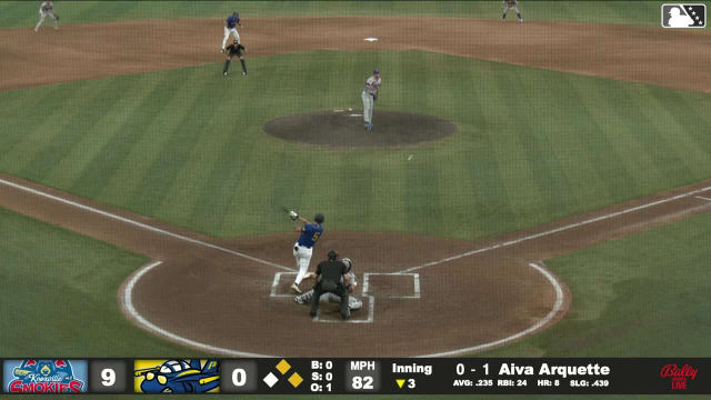 Aiva Arquette doubles (4) on a line drive to center fielder Kane Kepley. Jay Beshears scores. Adrian Santana scores.