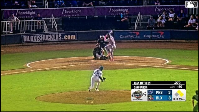 Juan Matheus doubles (13) on a line drive to left fielder Mark Coley II. Aiva Arquette scores. Cristian Hernández scores.