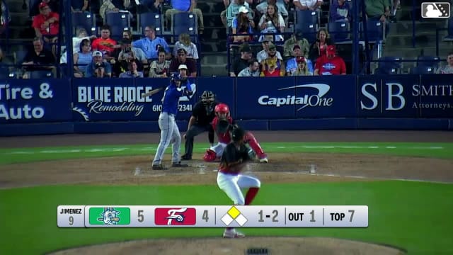 Roc Riggio doubles (16) on a line drive to center fielder Pedro León. GJ Hill scores.