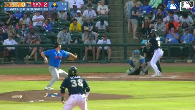 Daniel Vazquez doubles (8) on a line drive to right fielder Justin Riemer. Jorge Alfaro scores.