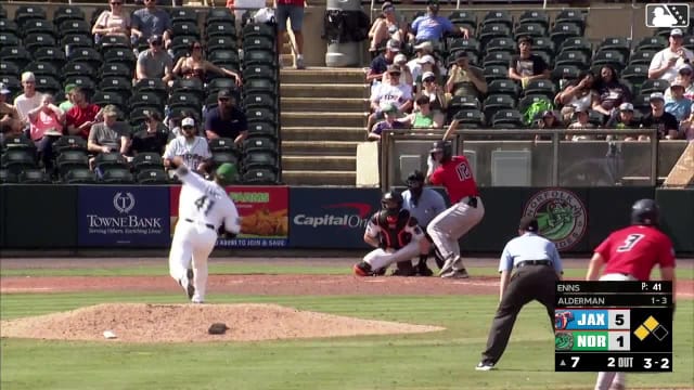 Kemp Alderman singles on a sharp ground ball to center fielder Enrique Bradfield Jr. Jonathon Long scores. Matthew Etzel scores.