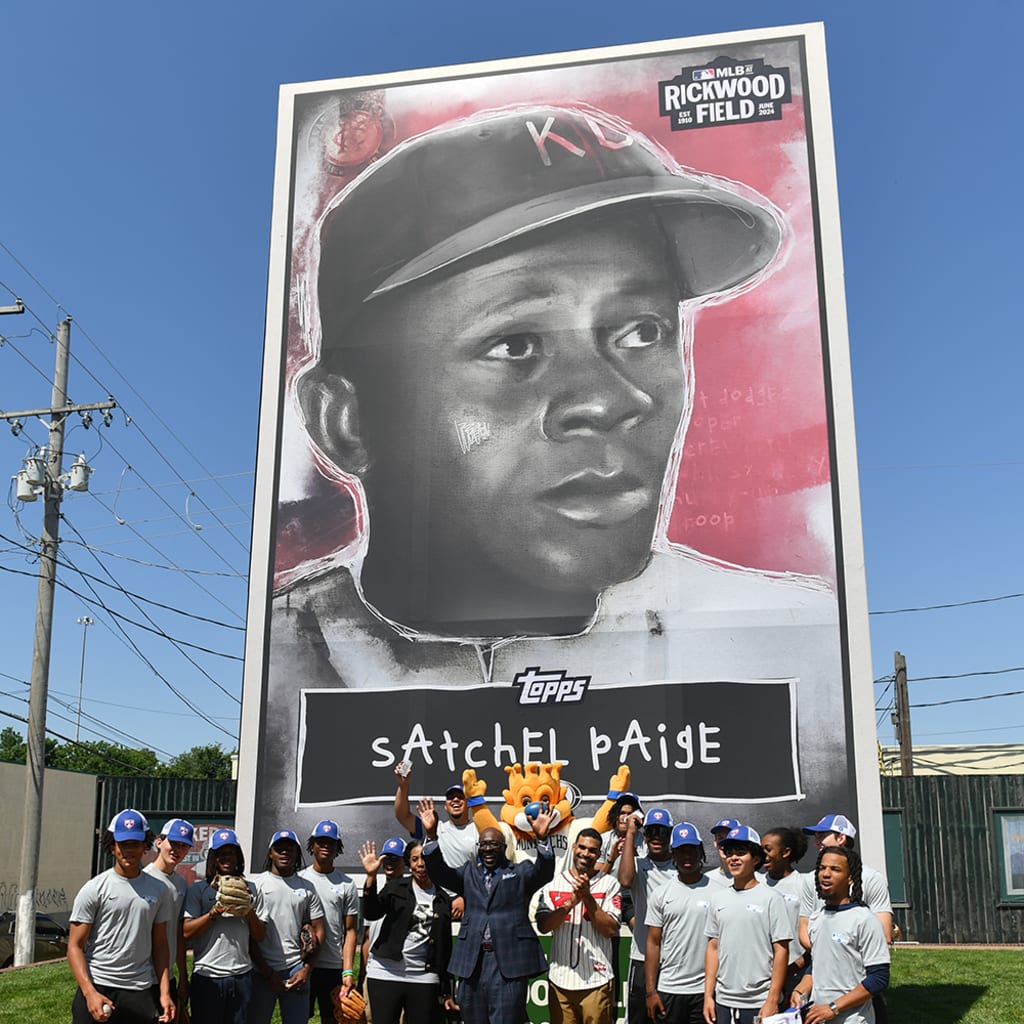 Members of the Kansas City MLB Youth Academy at Rickwood Field, along with Micah Johnson and Bob Kendrick, president of the Negro Leagues Baseball Museum.