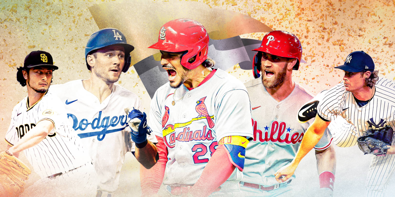 Artwork featuring Yu Darvish, Trea Turner, Nolan Arenado, Bryce Harper and Gerrit Cole in front of a pair of pennants
