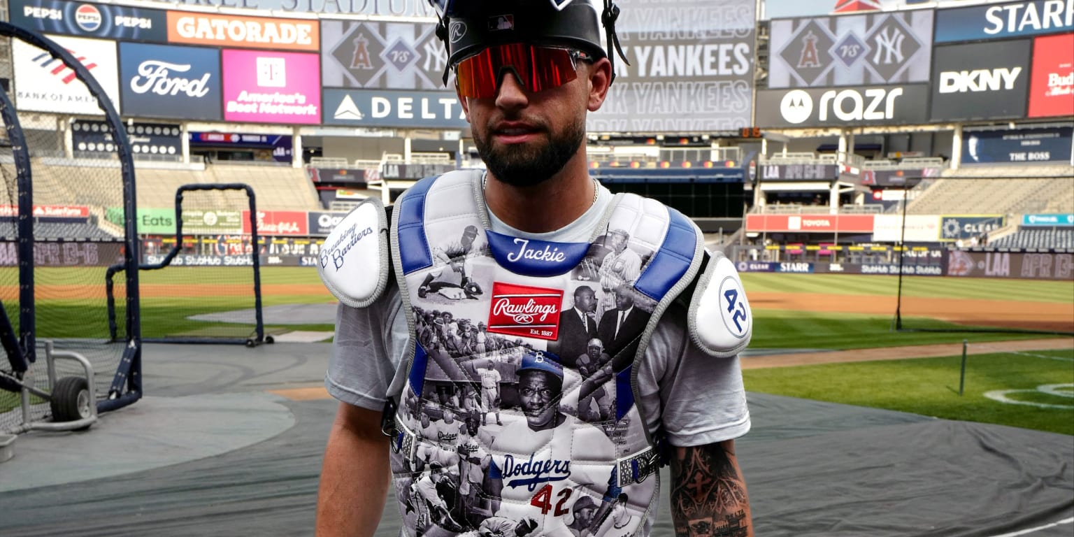 Here's a unique tribute to Jackie Robinson: Escarra's custom-made chest protector
