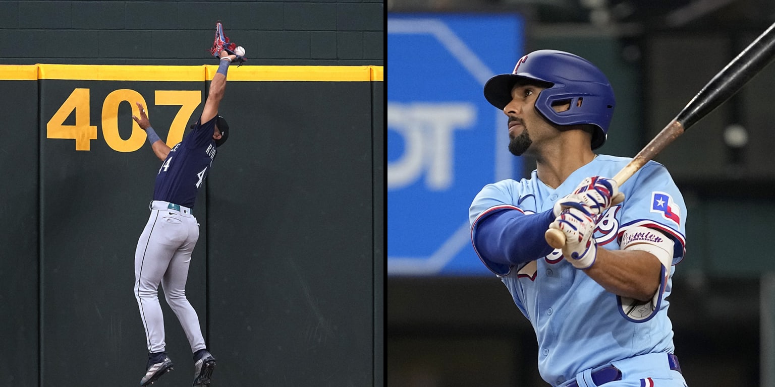 Julio Rodríguez tips Marcus Semien's homer over the fence