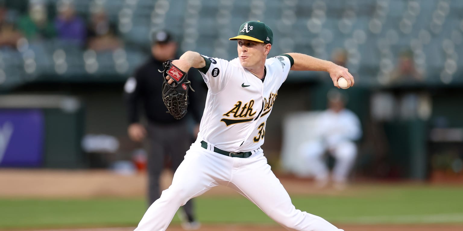 This is a 2023 photo of starting pitcher JP Sears (38) of the Oakland  Athletics baseball team. This image reflects the Oakland Athletics active  roster as of Thursday, Feb. 23, 2023, when