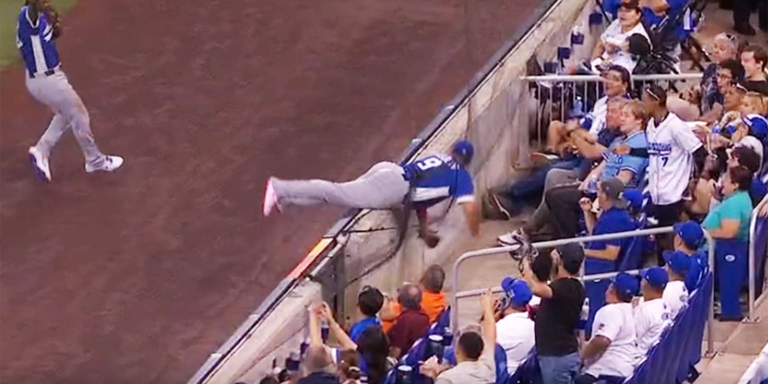 Into the net! Tumbling catch into stands steals an out