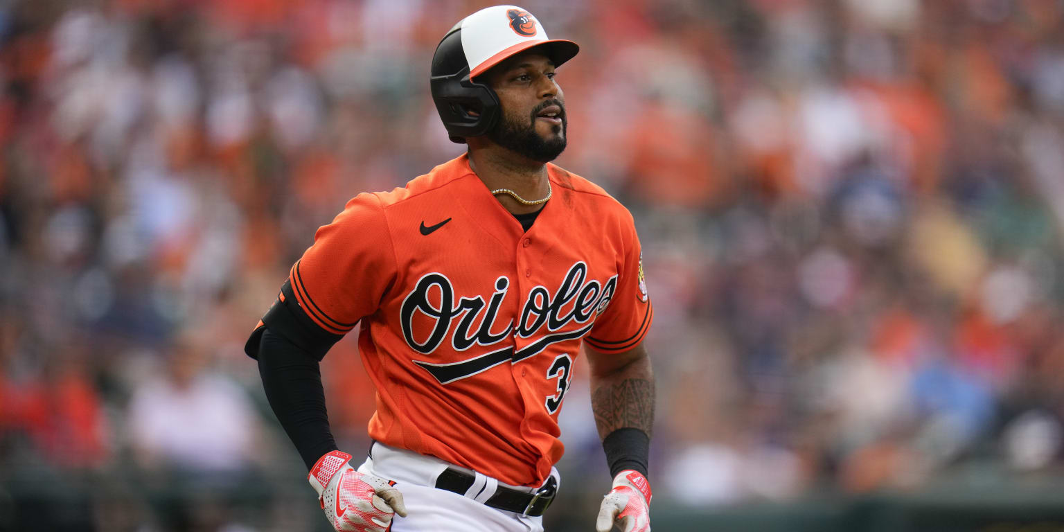 A jersey dons the Baltimore Orioles City Connect logo during the second  inning of a baseball game between the Baltimore Orioles and the Texas  Rangers, Friday, May 26, 2023, in Baltimore. The