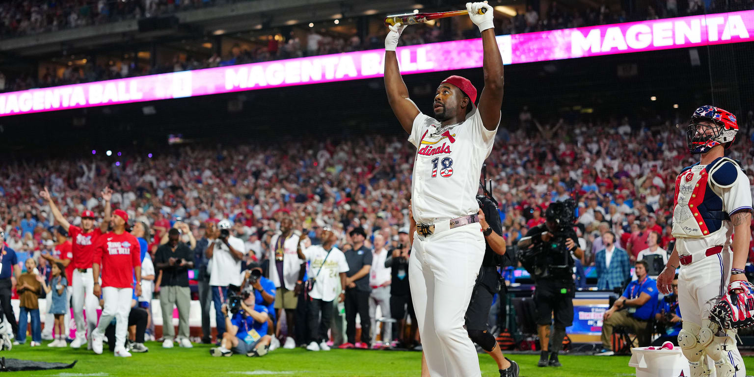 Jordan Walker holds the Home Run Derby trophy after winning in Philadelphia