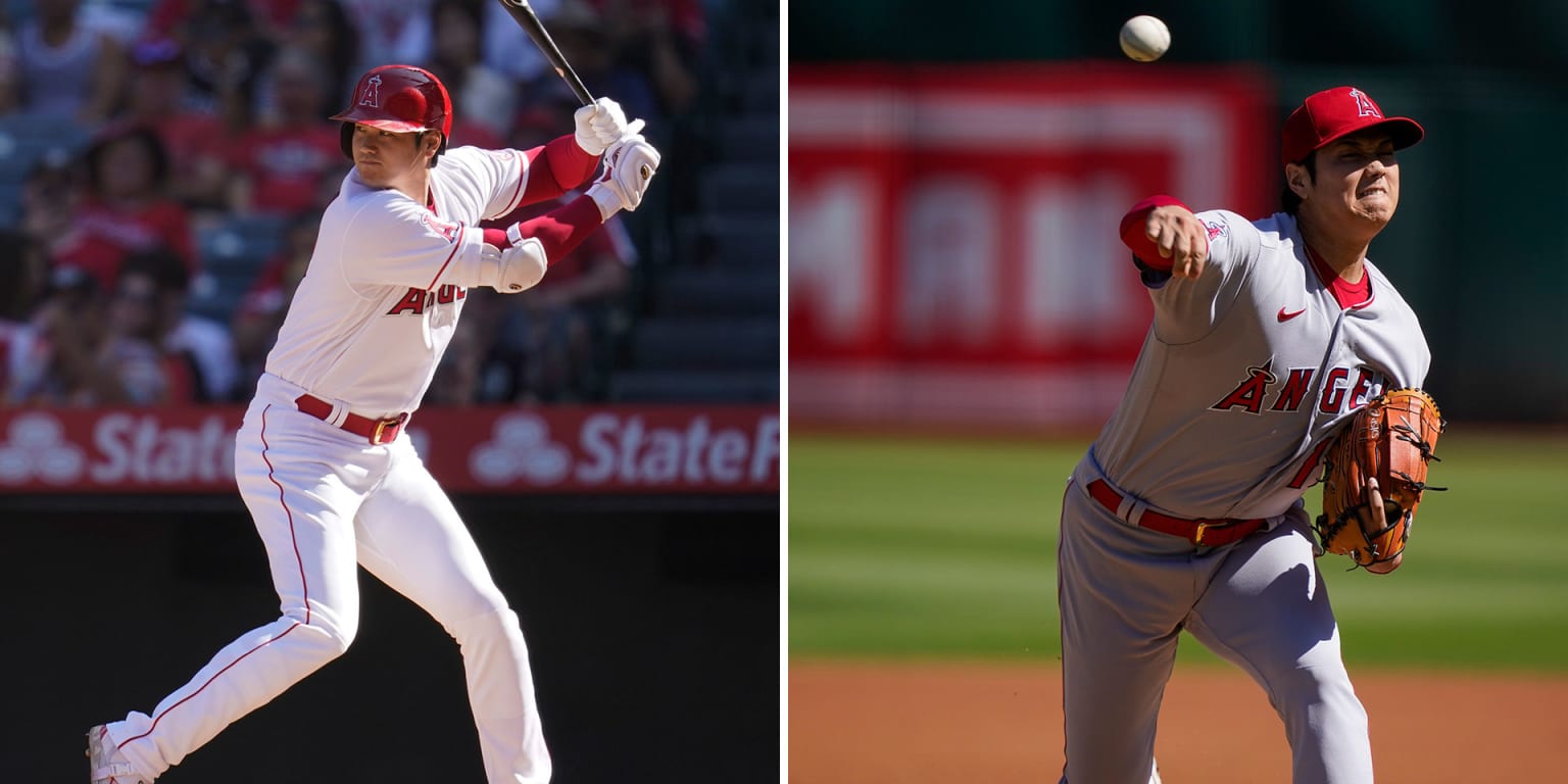 A split image showing Shohei Ohtani batting on the left and pitching on the right