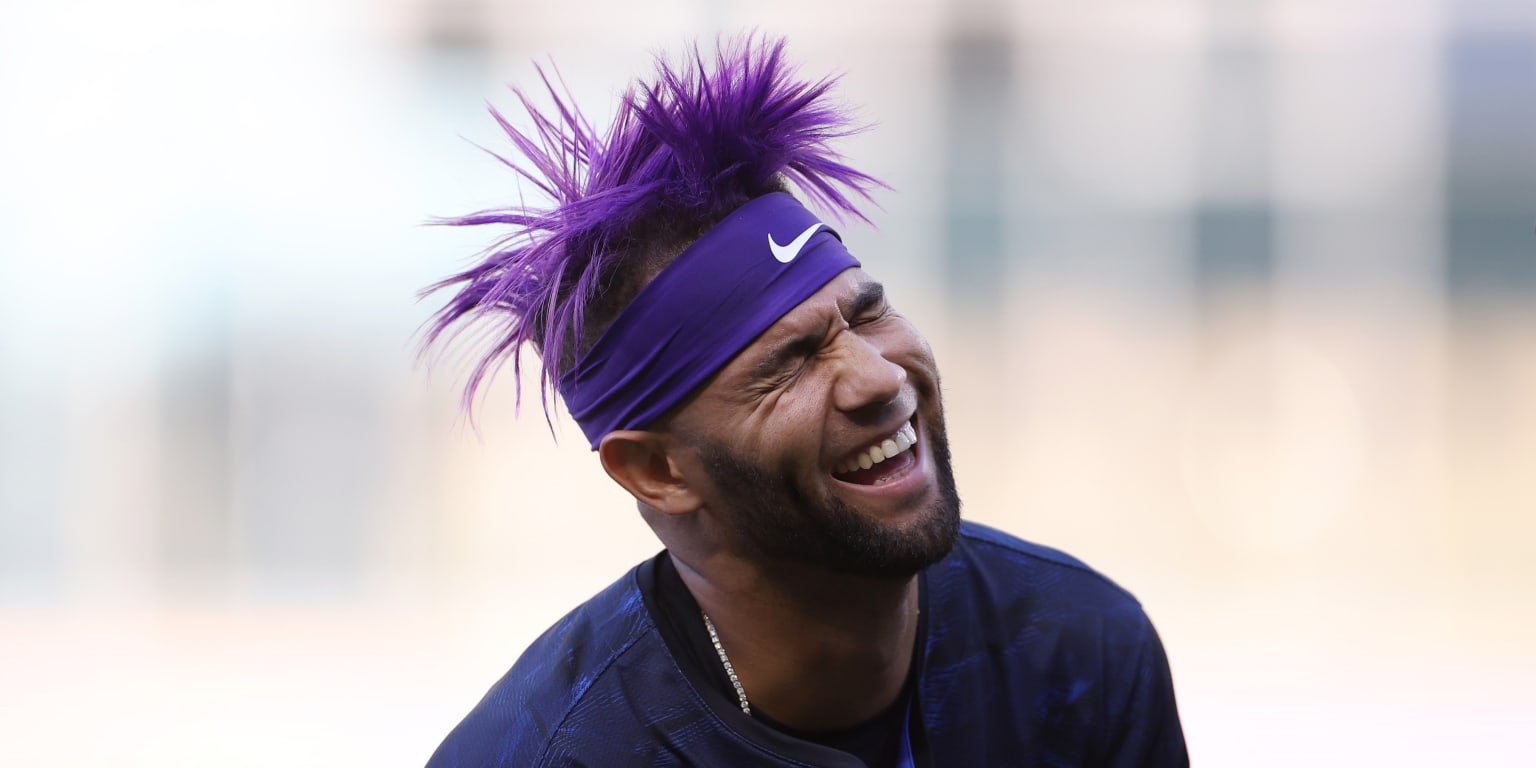 St. Petersburg, FL. USA; Toronto Blue Jays left fielder Lourdes Gurriel Jr.  (13) shows the fans his latest haircut during pregame warmups prior to a  Stock Photo - Alamy