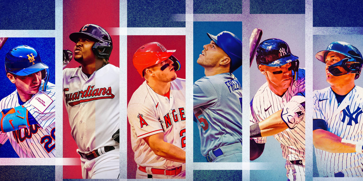 Pete Alonso, José Ramírez, Mike Trout, Freddie Freeman, Aaron Judge and Giancarlo Stanton are shown inside multicolored rectangles