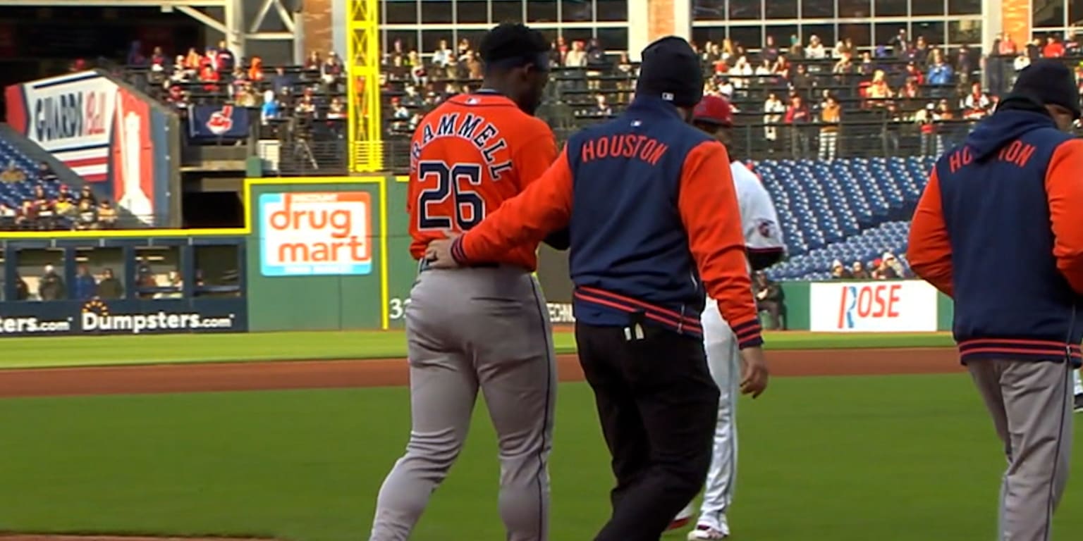 Trammell exits with groin injury, sustained on basepaths